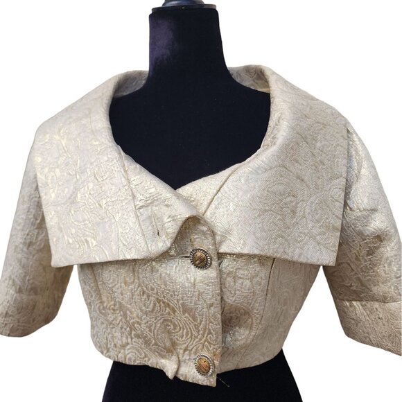 Luxurious Gold Brocade Jacquard Designer Jacket Cardigan Coat Bolero Cover Cape - Picture 3 of 16